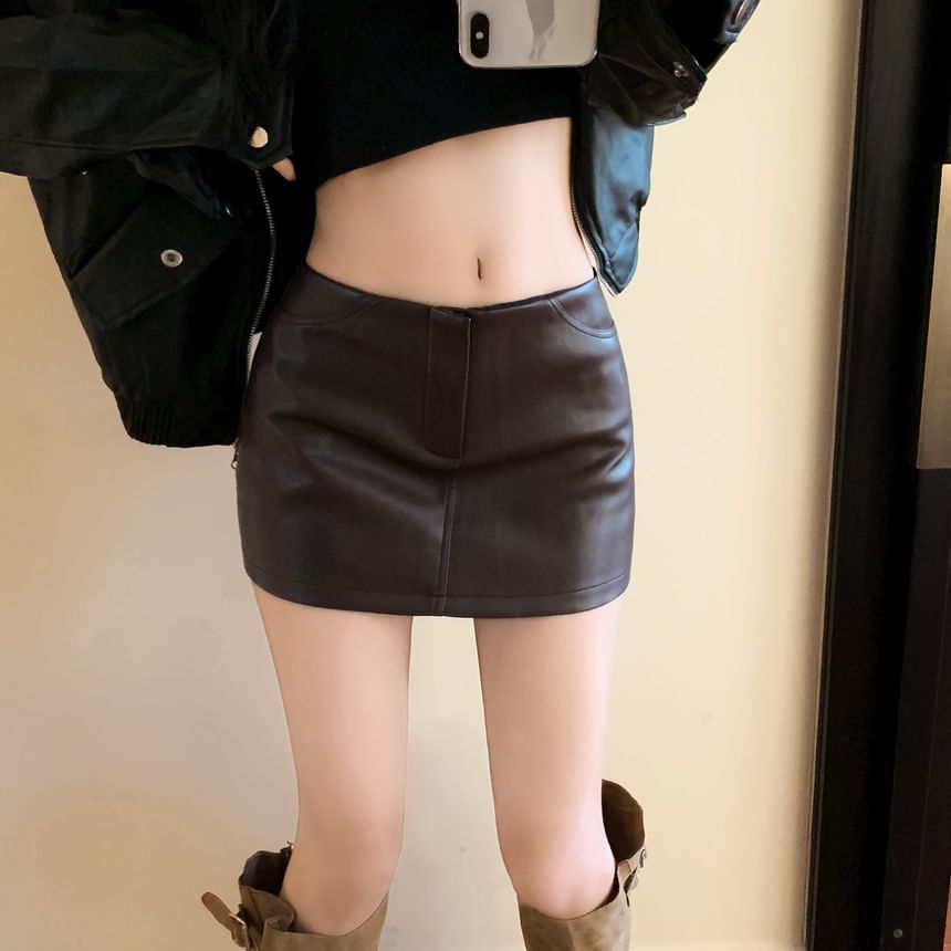 Mid Waist Solid Faux Leather Mini Pencil Skirt