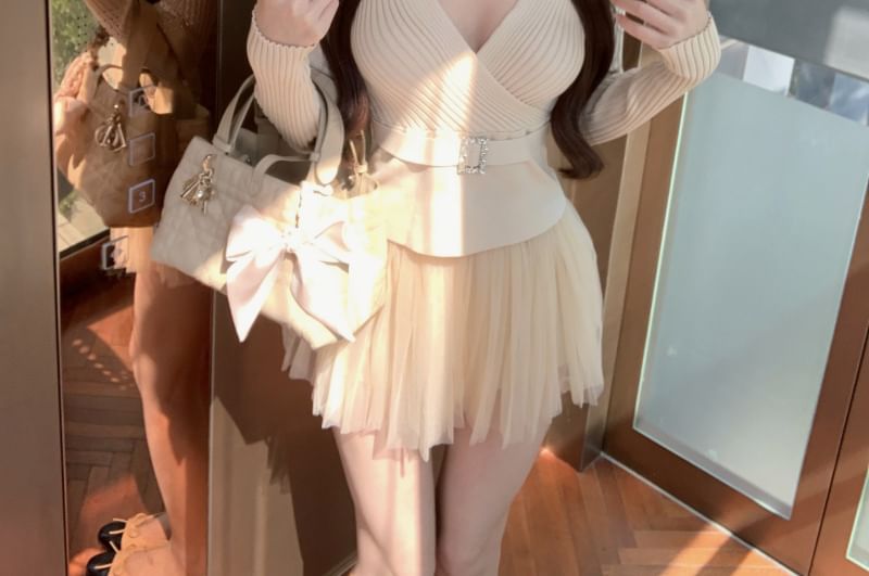 Long Sleeve V-Neck Solid Belted Ribbed Knit Wrap Top / Elevated Waist Solid Mesh Flared Mini Skirt