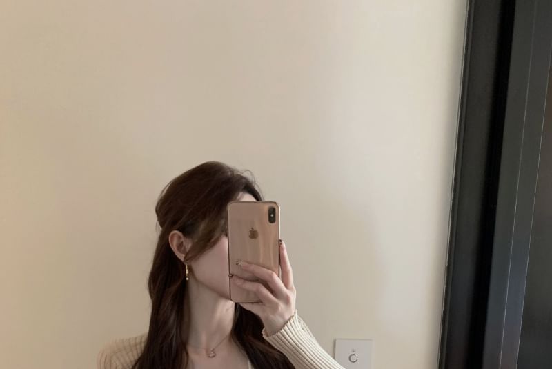 Long Sleeve V-Neck Solid Belted Ribbed Knit Wrap Top / Elevated Waist Solid Mesh Flared Mini Skirt