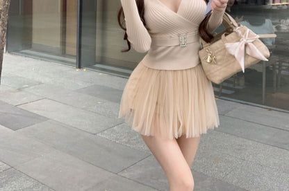 Long Sleeve V-Neck Solid Belted Ribbed Knit Wrap Top / Elevated Waist Solid Mesh Flared Mini Skirt