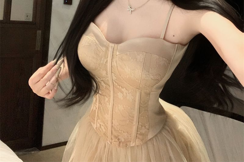 Solid Lace Panel Satin Bustier Top / Elevated Waist Solid Mesh Flared Mini Skirt