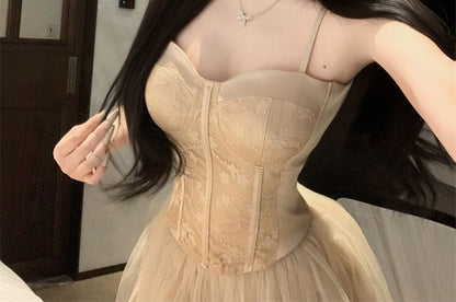 Solid Lace Panel Satin Bustier Top / Elevated Waist Solid Mesh Flared Mini Skirt