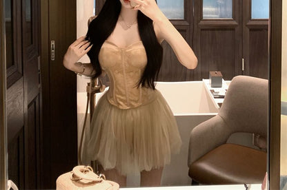 Solid Lace Panel Satin Bustier Top / Elevated Waist Solid Mesh Flared Mini Skirt