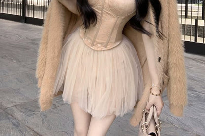 Solid Lace Panel Satin Bustier Top / Elevated Waist Solid Mesh Flared Mini Skirt