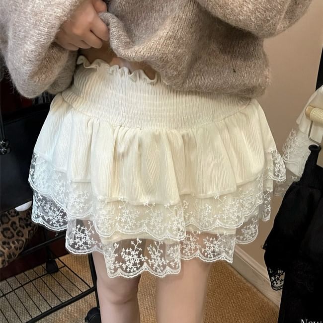 Stretch-Band Solid Panel Mesh Mini Flared Skirt