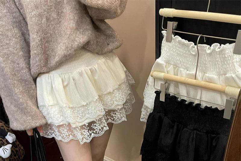 Stretch-Band Solid Panel Mesh Mini Flared Skirt