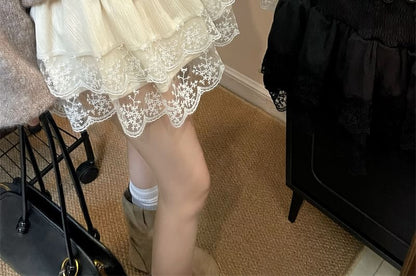 Stretch-Band Solid Panel Mesh Mini Flared Skirt
