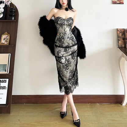 Lace Corset and Fishtail Midi Skirt Set