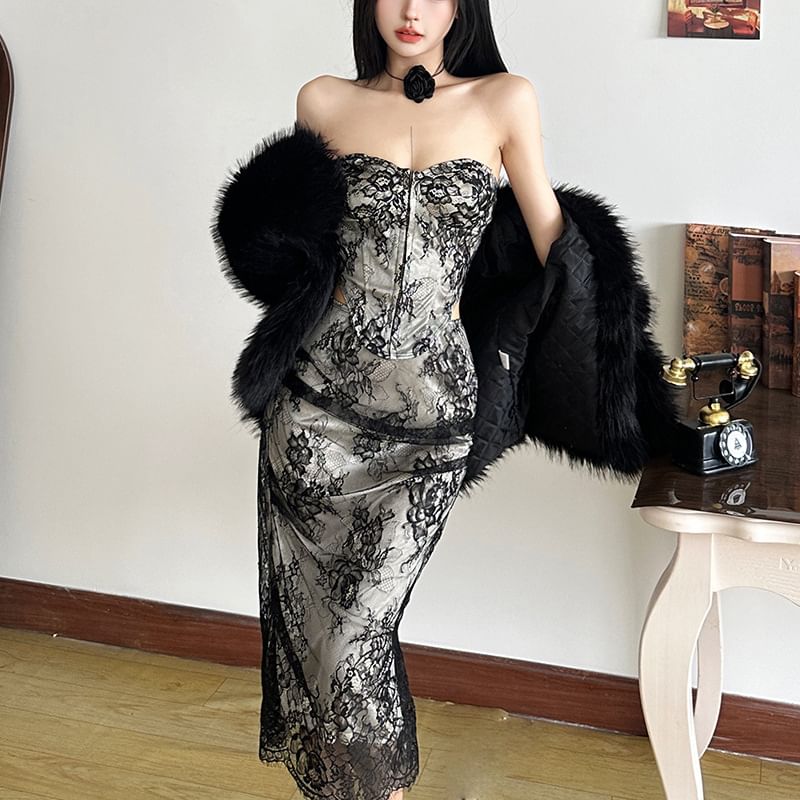 Lace Corset and Fishtail Midi Skirt Set