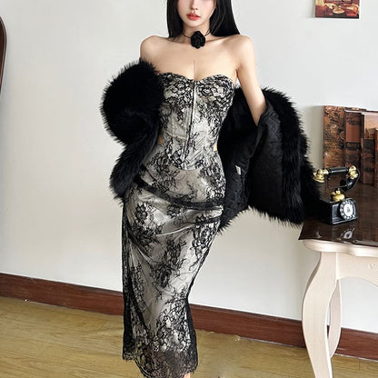 Lace Corset and Fishtail Midi Skirt Set