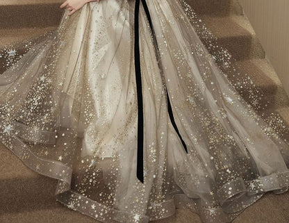 Short-Sleeve V-Neck Mesh Overlay Sequin A-Line Evening Gown