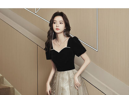 Short-Sleeve V-Neck Mesh Overlay Sequin A-Line Evening Gown