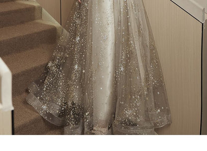 Short-Sleeve V-Neck Mesh Overlay Sequin A-Line Evening Gown