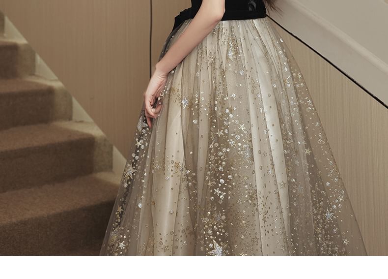 Short-Sleeve V-Neck Mesh Overlay Sequin A-Line Evening Gown