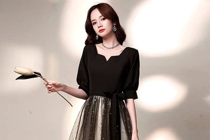 Short-Sleeve V-Neck Mesh Overlay Sequin A-Line Evening Gown