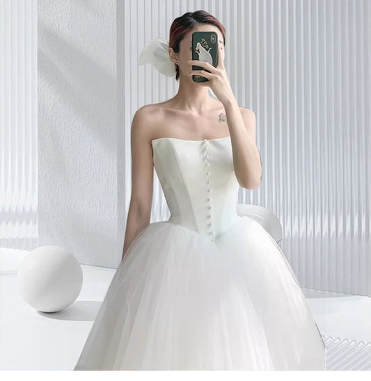Strapless Mesh Plain Midi Wedding Ball Gown