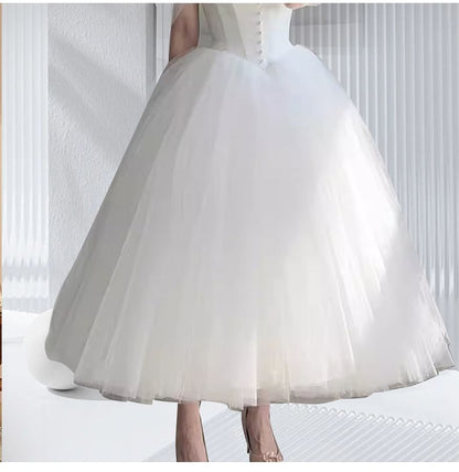 Strapless Mesh Plain Midi Wedding Ball Gown