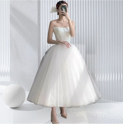 Strapless Mesh Plain Midi Wedding Ball Gown