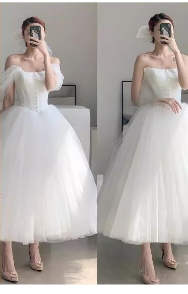 Strapless Mesh Plain Midi Wedding Ball Gown