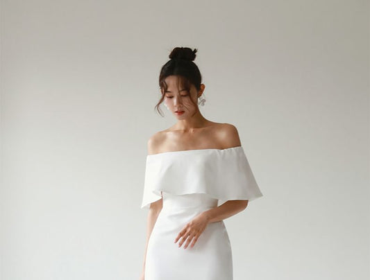 Elbow-Sleeve Off Shoulder Plain Mermaid Evening Gown
