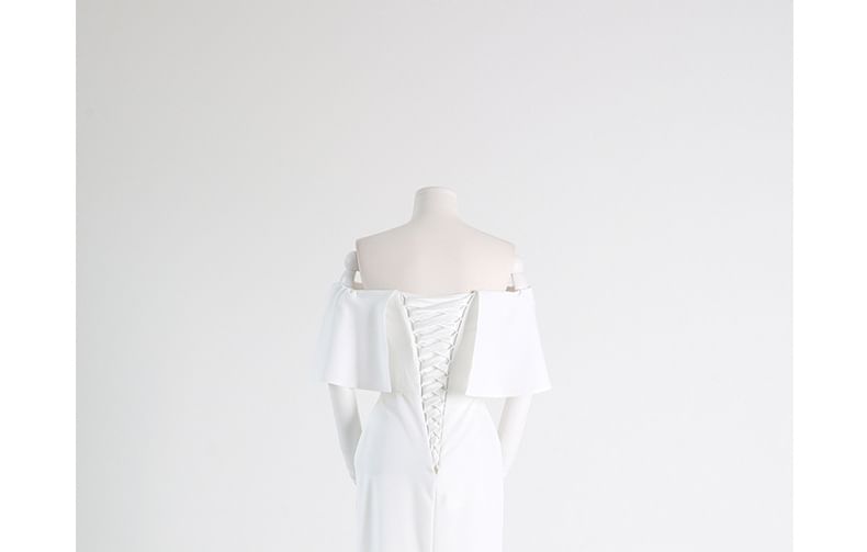 Elbow-Sleeve Off Shoulder Plain Mermaid Evening Gown
