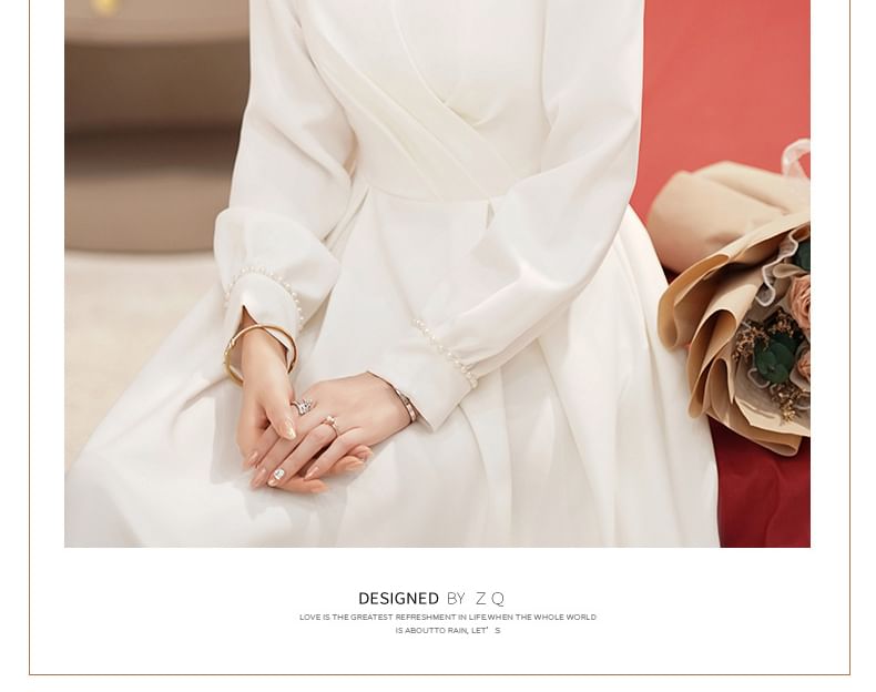 Long-Sleeve V-Neck Plain Midi A-Line Evening Dress
