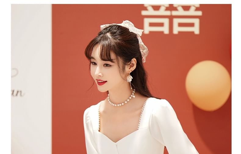 Long-Sleeve V-Neck Plain Midi A-Line Evening Dress