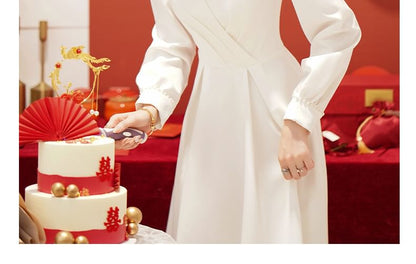 Long-Sleeve V-Neck Plain Midi A-Line Evening Dress