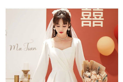 Long-Sleeve V-Neck Plain Midi A-Line Evening Dress