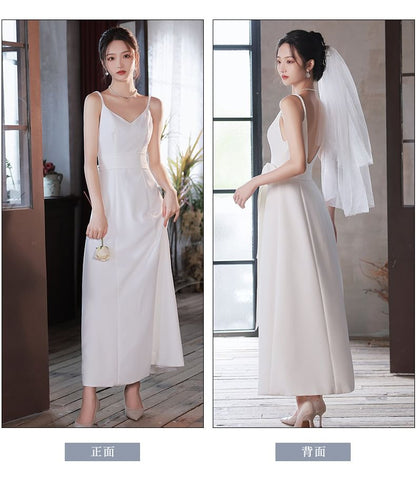 Spaghetti Strap V-Neck Plain A-Line Evening Gown