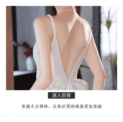 Spaghetti Strap V-Neck Plain A-Line Evening Gown