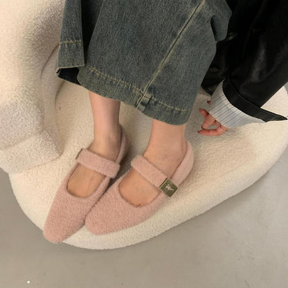 Plain Fleece Chunky Heel Mary Jane Shoes