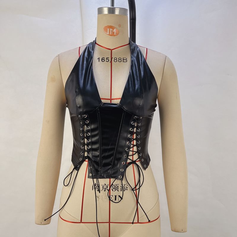 Halter Corset Top with Lace-Up Front in Faux Leather