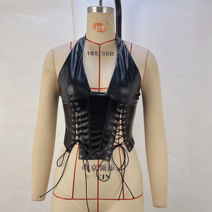 Halter Corset Top with Lace-Up Front in Faux Leather