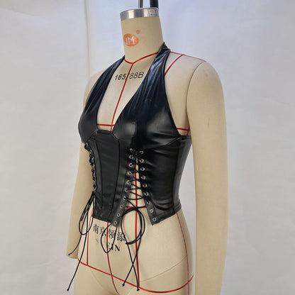 Halter Corset Top with Lace-Up Front in Faux Leather