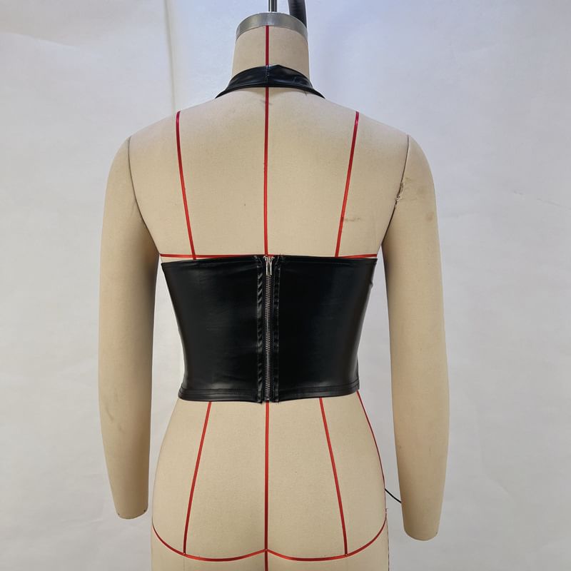 Halter Corset Top with Lace-Up Front in Faux Leather