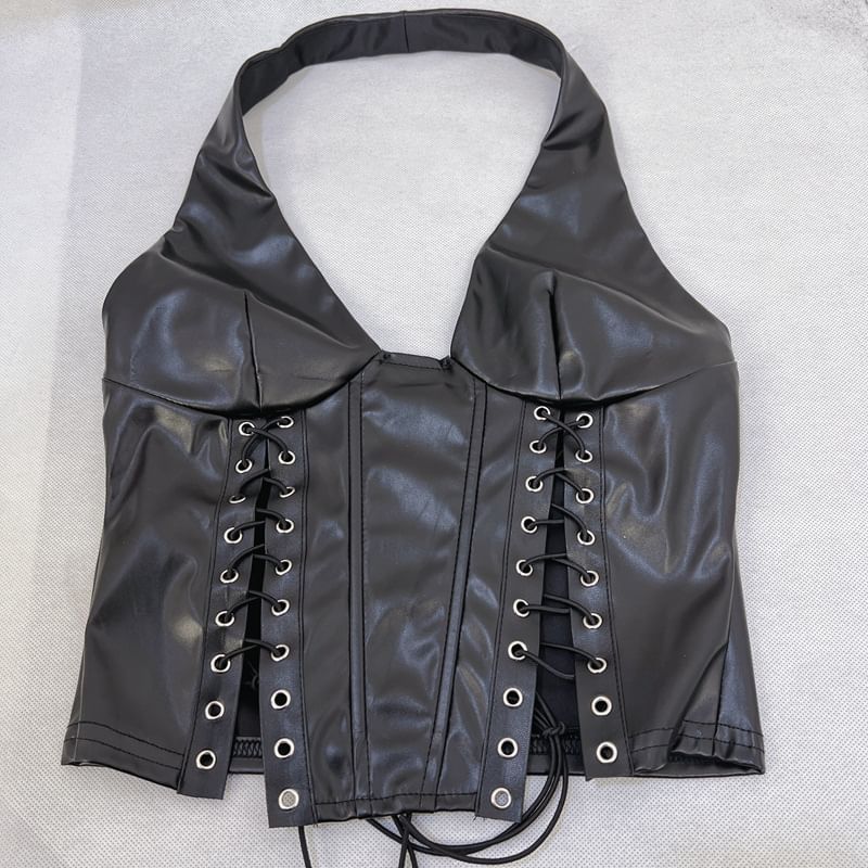 Halter Corset Top with Lace-Up Front in Faux Leather