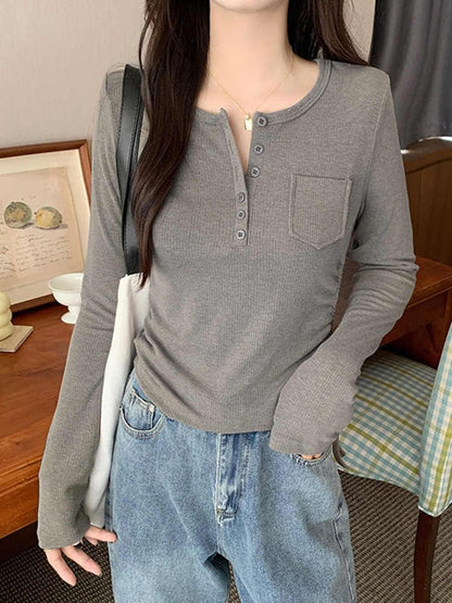 Long-Sleeve Half Buttoned Plain Top