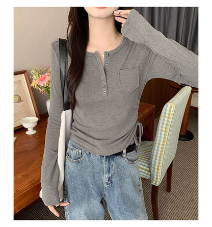 Long-Sleeve Half Buttoned Plain Top