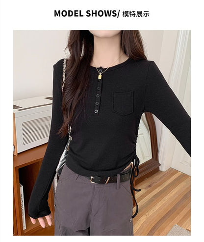 Long-Sleeve Half Buttoned Plain Top