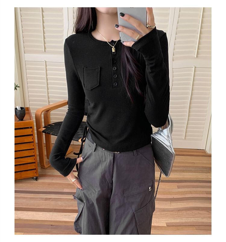 Long-Sleeve Half Buttoned Plain Top