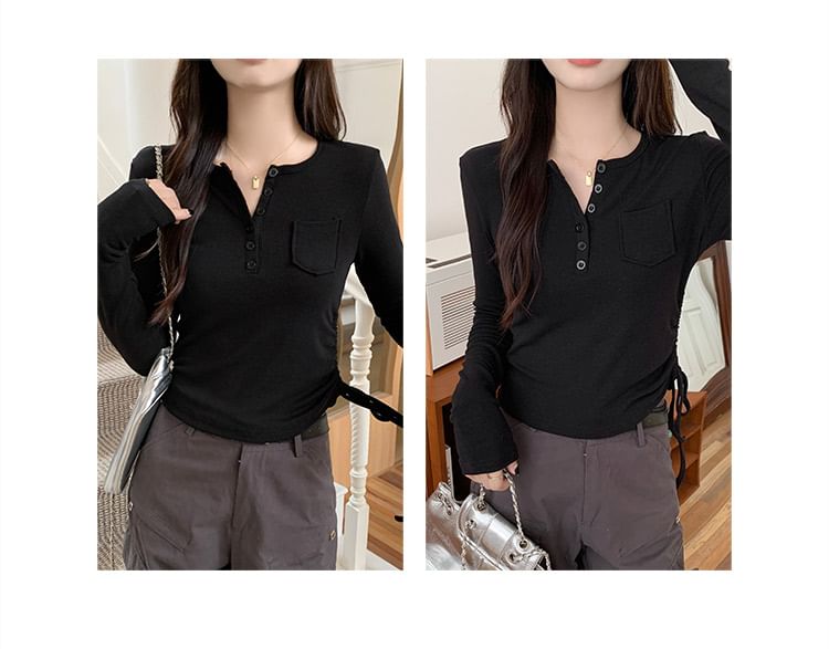 Long-Sleeve Half Buttoned Plain Top