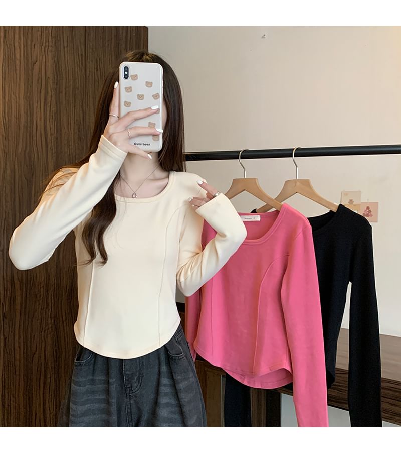 Long-Sleeve Square Neck Plain T-Shirt