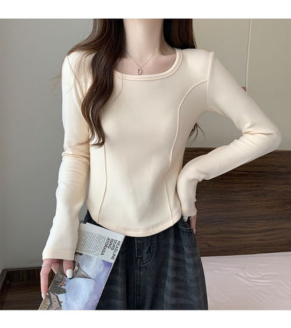 Long-Sleeve Square Neck Plain T-Shirt