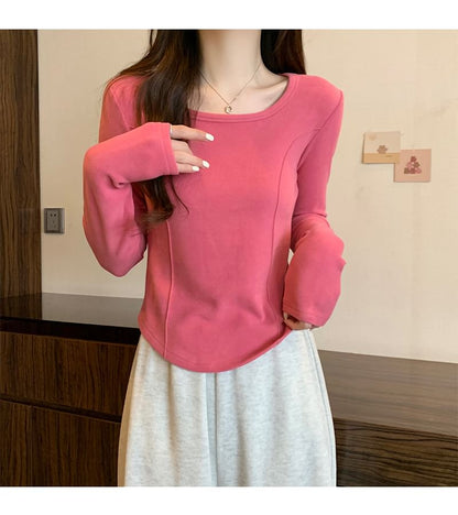 Long-Sleeve Square Neck Plain T-Shirt