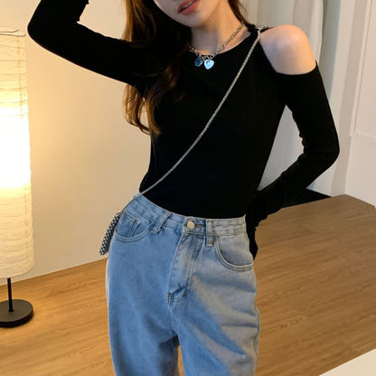 Long-Sleeve Cold Shoulder Plain Crop Top