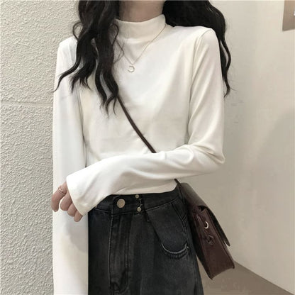 Long-Sleeve Mock Neck Plain T-Shirt