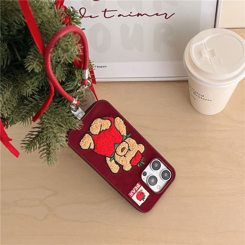 Strawberry Bear Embroidered Phone Case / Strap / Set - iPhone 16 Pro Max / 16 Pro / 16 Plus / 16 / 15 Pro Max / 15 Pro / 15 Plus / 15 / 14 Pro Max / 14 Pro / 14 Plus / 14 / 13 Pro Max / 13 Pro / 13