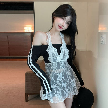 Striped Crop Tee with Piping and Halter Lace Top