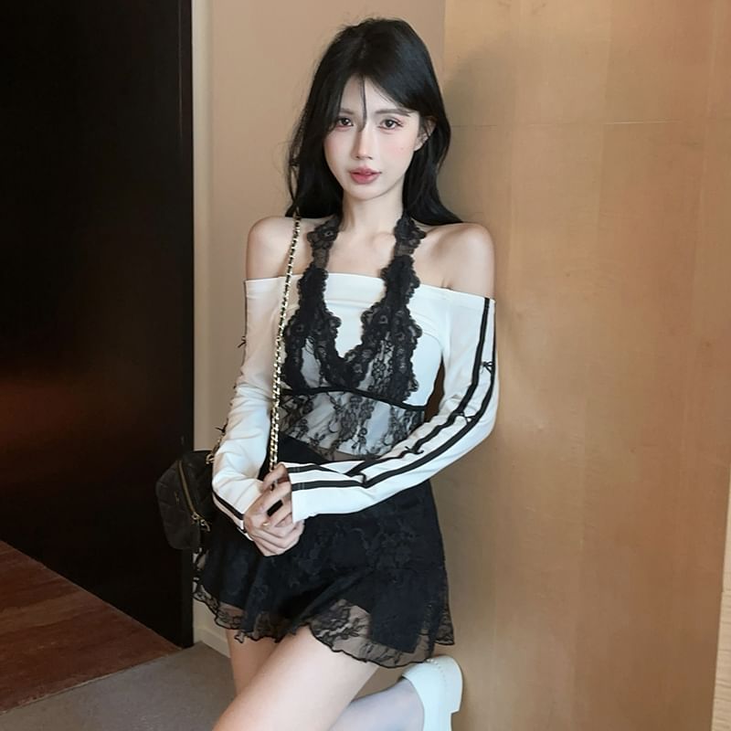 Striped Crop Tee with Piping and Halter Lace Top